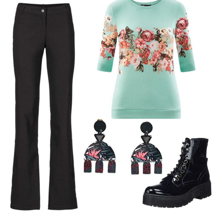 Outfit donna - Anfibio e fiori. Stile Basic per Ufficio. Abbinamento con pantaloni, maglia con stampa e scollo elasticizzato turchese, orecchini a pendolo, stivaletti navy.