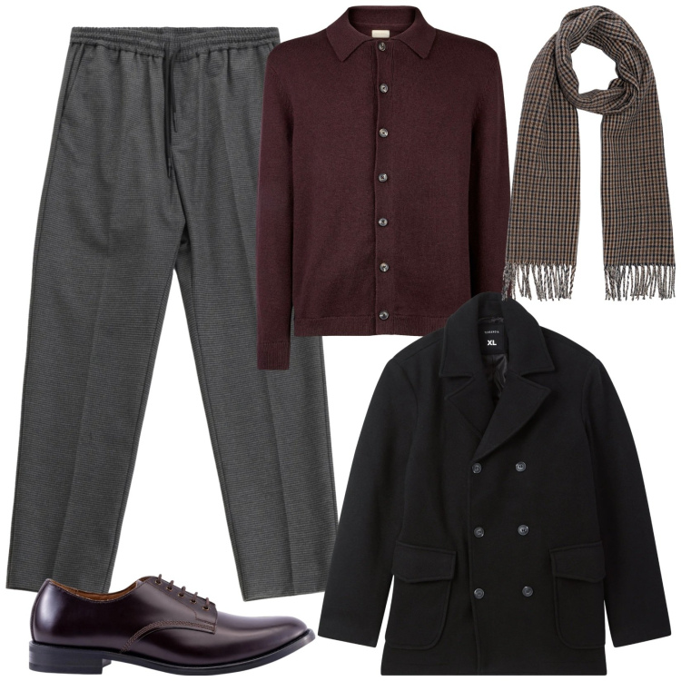 Outfit uomo - Capodanno con gli amici. Stile Business/Elegante per Serata speciale. Abbinamento con caban, pantaloni, scarpe stringate, polo, sciarpe.