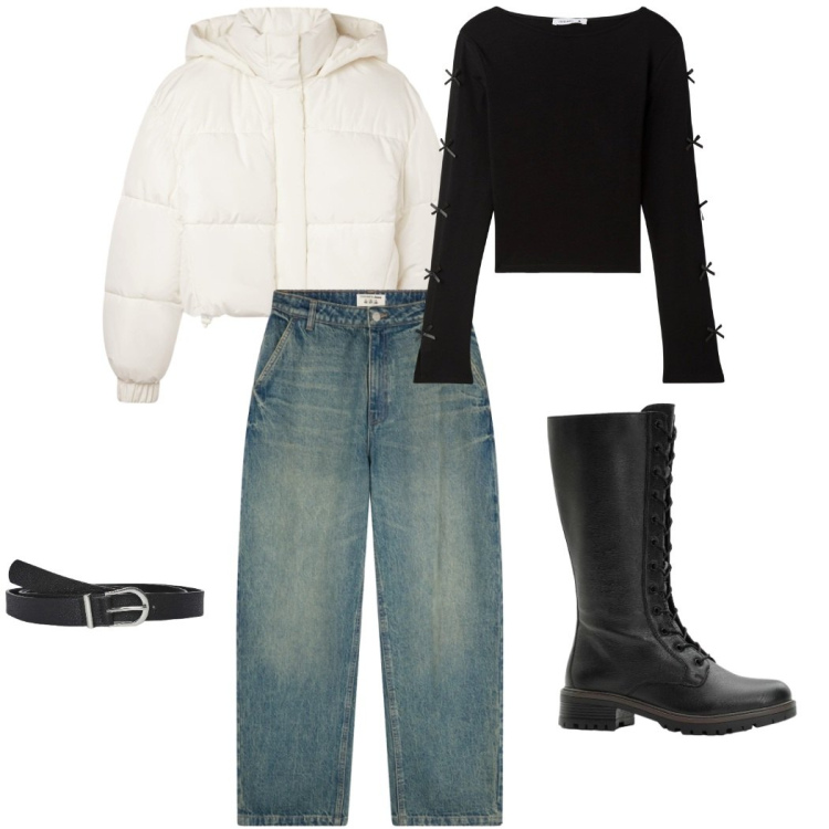 Outfit donna - ... Stile Casual chic Abbinamento con stivali, t-shirt, jeans, cinture, bomber.