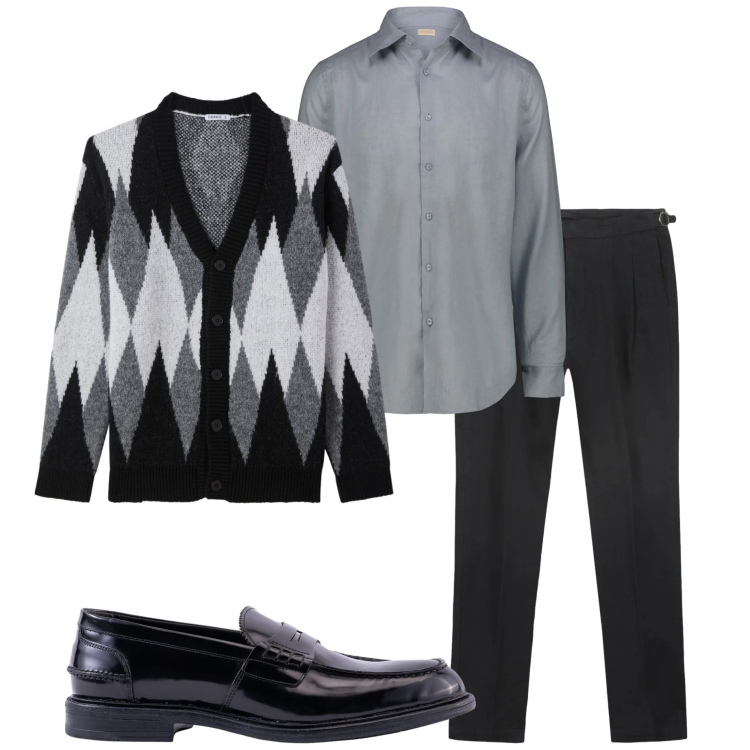 Outfit uomo - Il ritorno del cardigan. Stile Business/Elegante per Serata speciale. Abbinamento con cardigans, camicie, scarpe stringate, pantaloni.