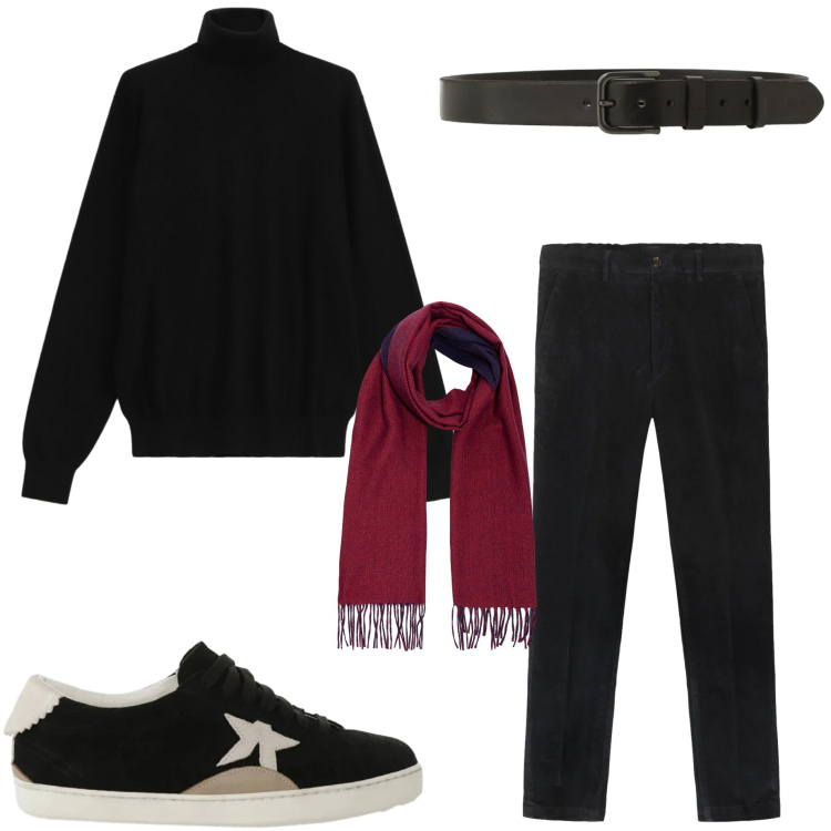 Outfit uomo - Ultimo brindisi dell\' anno. Stile Business/Elegante per Serata speciale. Abbinamento con cinture, maglieria, sneakers, pantaloni, sciarpe.