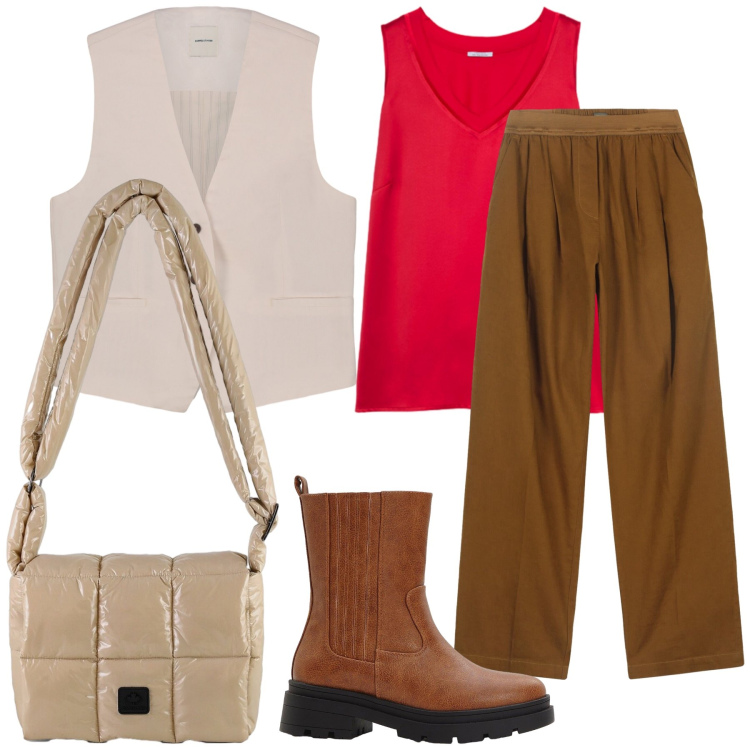 Outfit donna - Gilet scontato ottimo dono. Stile Trendy per Ufficio. Abbinamento con stivaletti chelsea, borse a spalla, pantaloni, gilet, top.