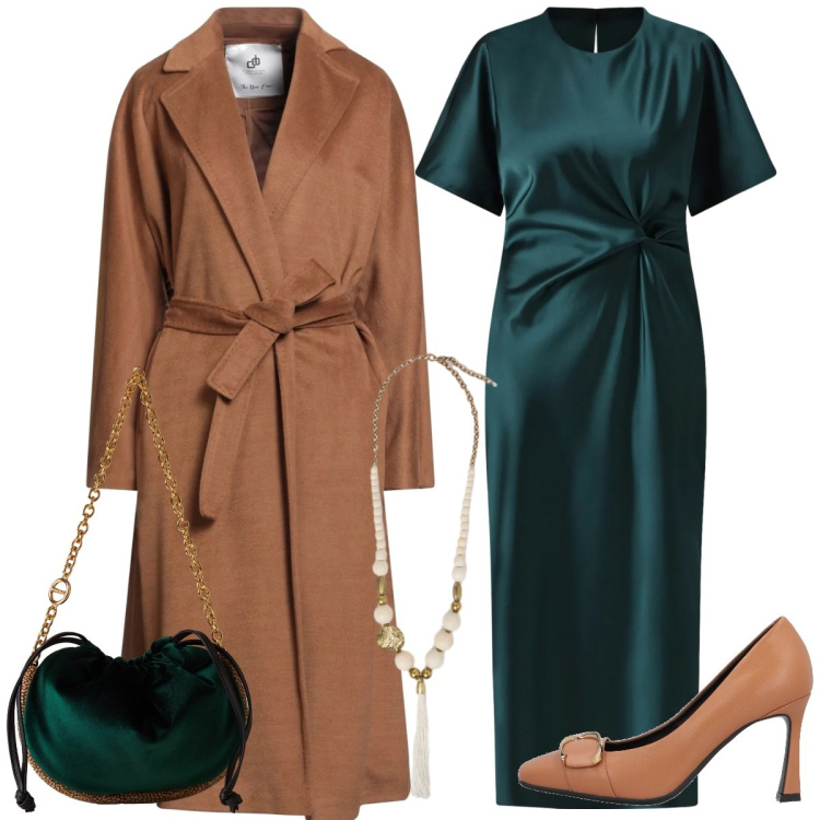 Outfit donna - Total look #2307578. Stile Chic per Serata fuori. Abbinamento con décolleté, cappotti, vestiti midi/longuette, borse a spalla, ciondoli.