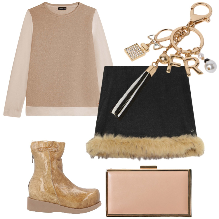 Outfit donna - J adore l or. Stile Trendy per Tutti i giorni. Abbinamento con stivaletti, minigonne, pochette, felpe, portachiavi.