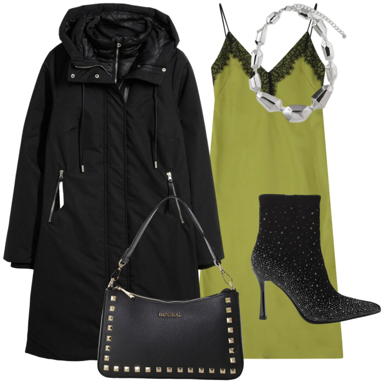 Outfit donna - Party di fine anno. Stile Glamour per Serata fuori. Abbinamento con piumini, vestiti midi/longuette, pochette, stivaletti, ciondoli.