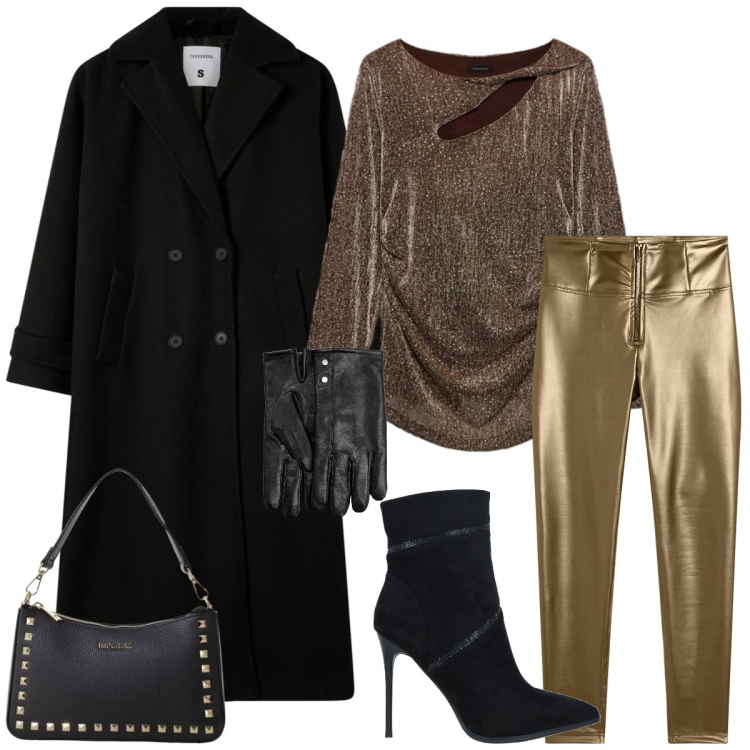 Outfit donna - Total look #2307592. Stile Rock per Serata fuori. Abbinamento con guanti, stivaletti, cappotti, pochette, pantaloni skinny, bluse.