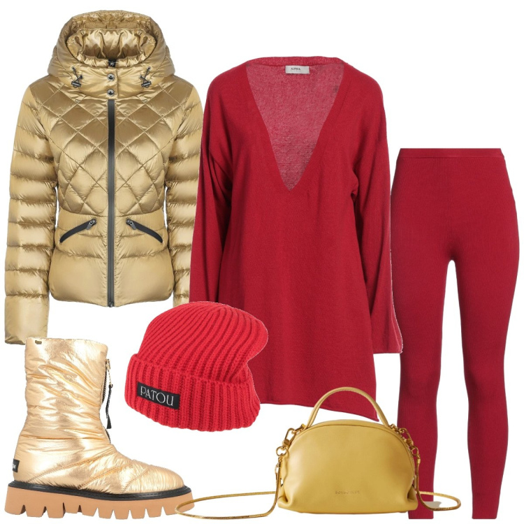 Outfit donna - Total look #2307594. Stile Casual per Tutti i giorni. Abbinamento con pullovers, stivaletti, leggings, cappelli, borse a mano, piumini.
