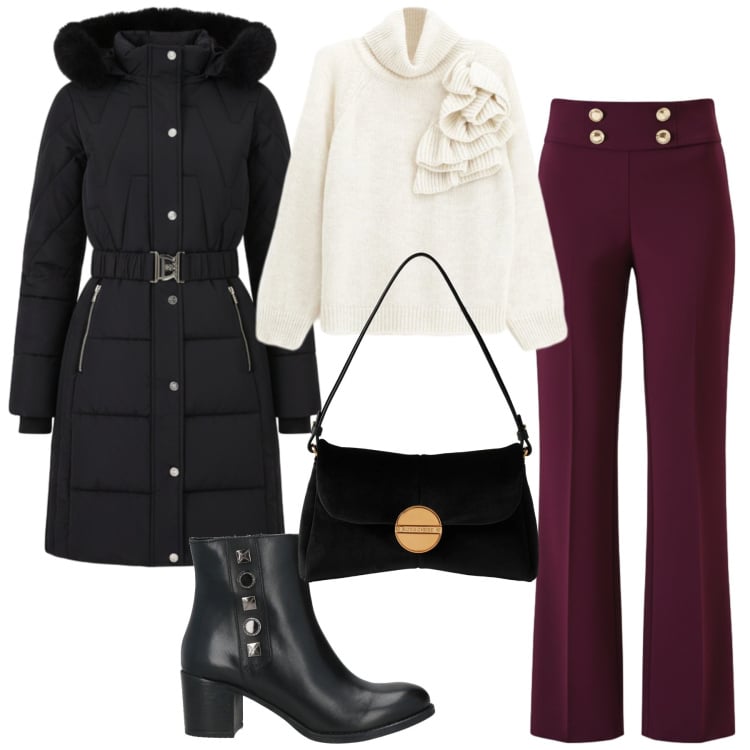 Outfit donna - Mi regalo un outfit. Stile Casual chic per Tutti i giorni. Abbinamento con stivaletti, maglieria, pantaloni, piumini, borse a tracolla.