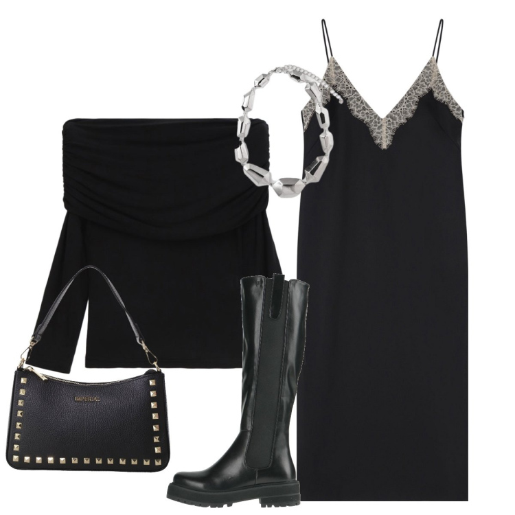 Outfit donna - Raffinatezza in nero. Stile Glamour per Serata fuori. Abbinamento con stivali, maglieria, vestiti midi/longuette, pochette, ciondoli.