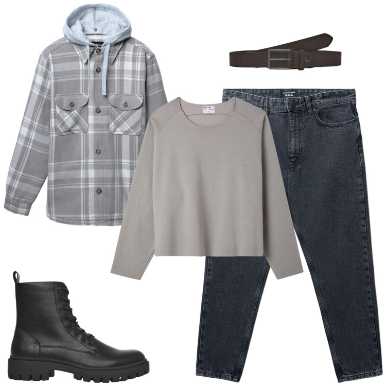 Outfit uomo - Tempo libero. Stile Casual per Tutti i giorni. Abbinamento con anfibi, cinture, jeans strappati, cappotti, felpe.