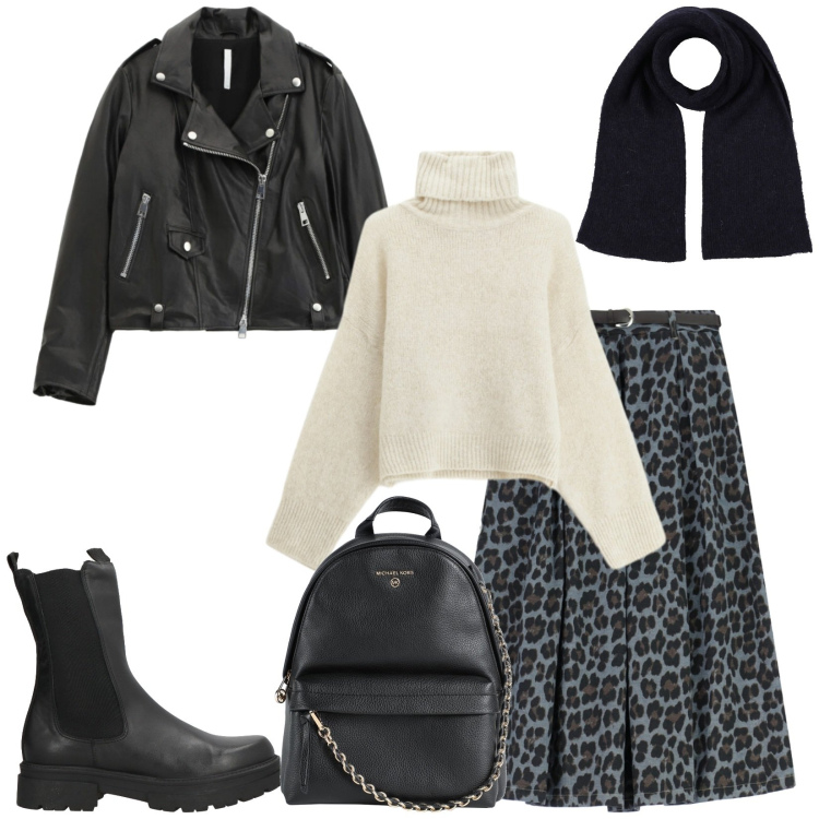 Outfit donna - Total look #2307672. Stile Urban per Tutti i giorni. Abbinamento con sciarpe, zaini, stivaletti, maglieria, giacche, gonne longuette.