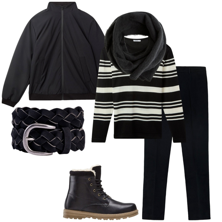 Outfit uomo - Total look #2307677. Stile Urban per Tutti i giorni. Abbinamento con stivali e stivaletti, maglieria, sciarpe e foulard, giacche, cinture, pantaloni.