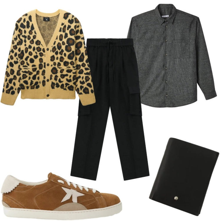 Outfit uomo - Total look #2307702. Stile Trendy per Tutti i giorni. Abbinamento con cardigans, camicie, pantaloni cargo, portafogli, sneakers.