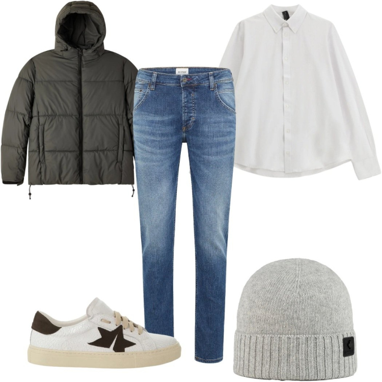 Outfit uomo - Total look #2307707. Stile Casual per Tutti i giorni. Abbinamento con jeans dritti, bomber, camicie, sneakers, berretti.