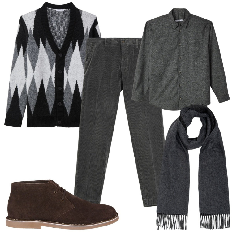 Outfit uomo - Il ritorno del cardigan: con gli amici. Stile Casual per Tutti i giorni. Abbinamento con camicie, cardigans, pantaloni chino, stivali e stivaletti, sciarpe.