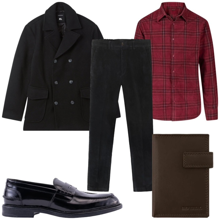 Outfit uomo - Outfit da vigilia: l camicia rossa. Stile Business/Elegante per Serata speciale. Abbinamento con caban, portafogli, pantaloni, scarpe stringate, camicie.