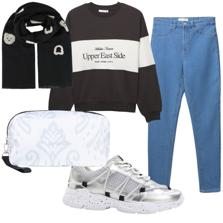 Outfit donna - Oggi mi sento sportiva. Stile Casual chic per Tutti i giorni. Abbinamento con sneakers, sciarpe, felpe sportive, jeggings, valigie.