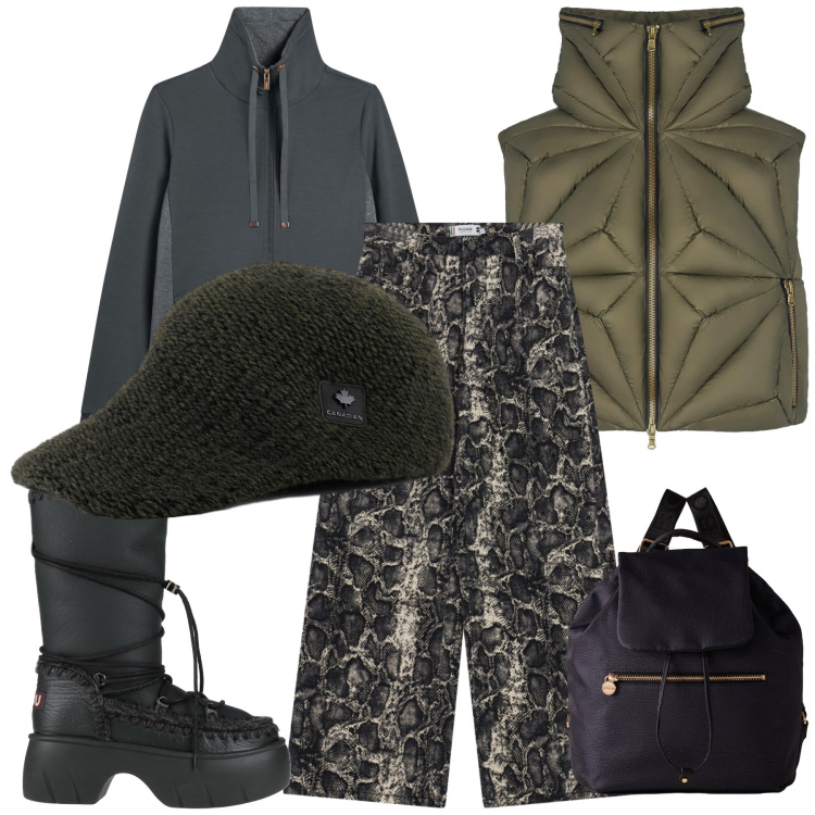 Outfit donna - Total look. Stile Military per Tutti i giorni. Abbinamento con stivaletti, pantaloni a palazzo, felpe, zaini, piumini, cappelli con visiera.