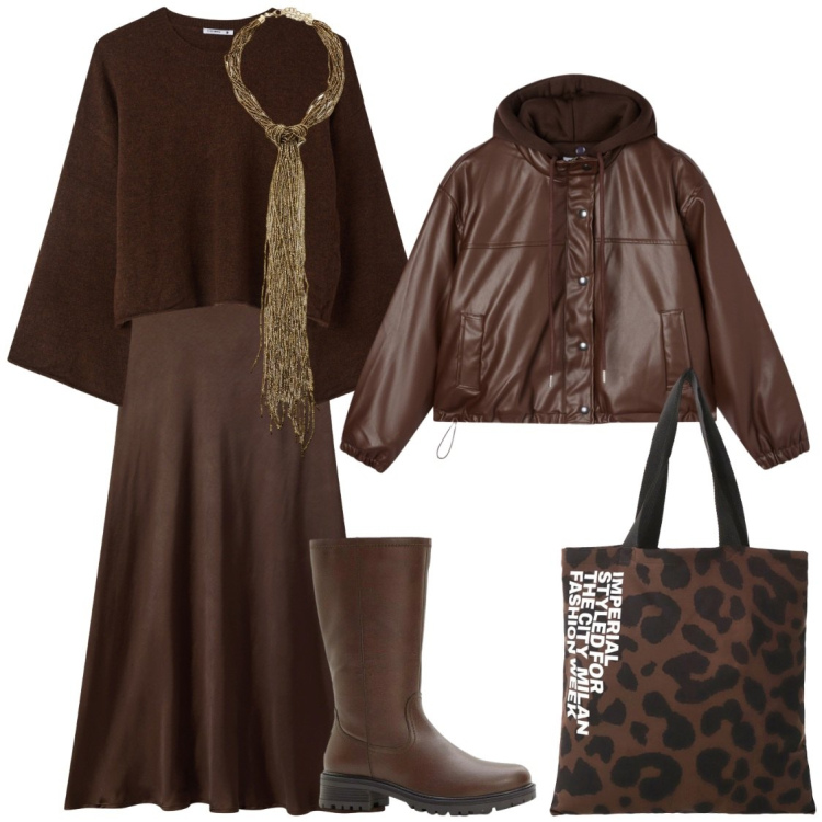 Outfit donna - Marron glace\'. Stile Glamour per Tutti i giorni. Abbinamento con stivali, maglieria, gonne lunghe, giacche, shopping bag, collane.
