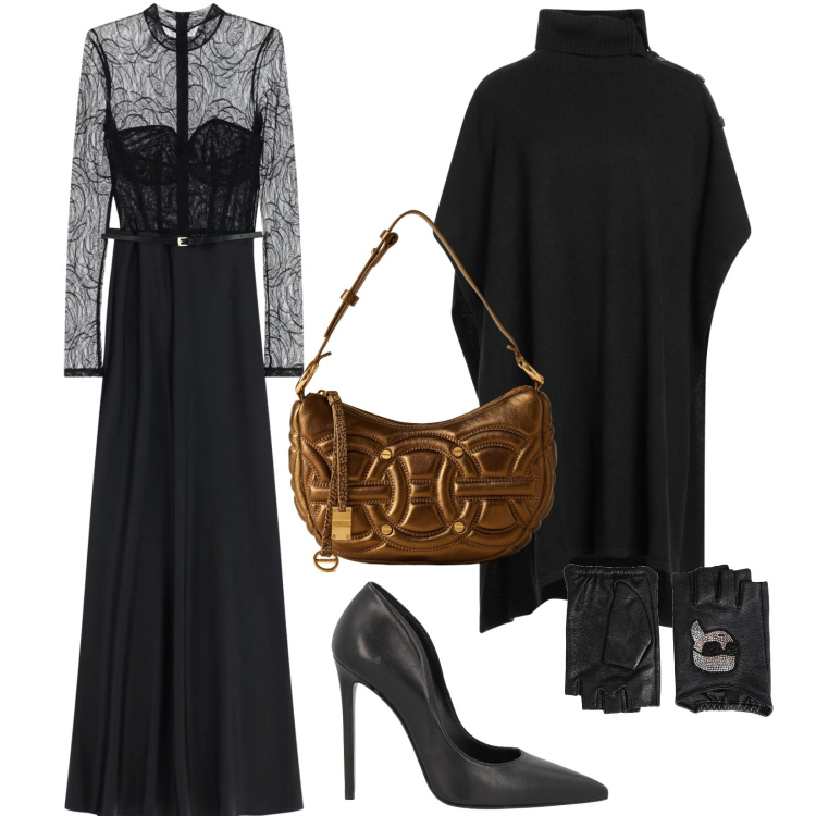 Outfit donna - Abito lungo con pizzo. Stile Chic per Serata fuori. Abbinamento con guanti, cappotti, décolleté, vestiti lunghi, borse a spalla.