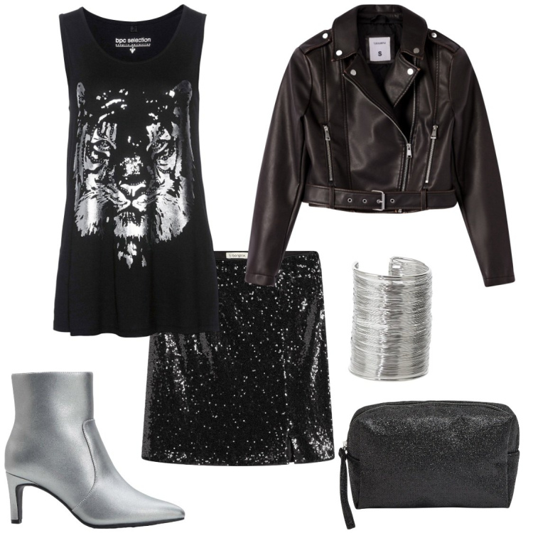 Outfit donna - Con grinta alla fine dell\'anno. Stile Rock per Serata fuori. Abbinamento con top, minigonne, stivaletti, valigie, giacche, braccialetti.