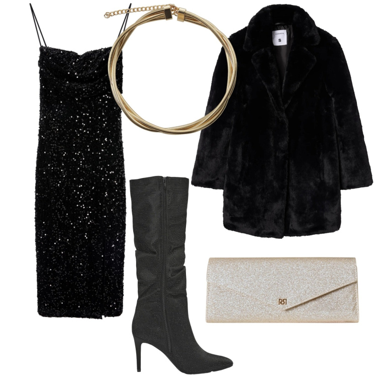 Outfit donna - Abito con paillettes. Stile Glamour per Serata fuori. Abbinamento con pochette, stivali, cappotti, vestiti lunghi, collane.