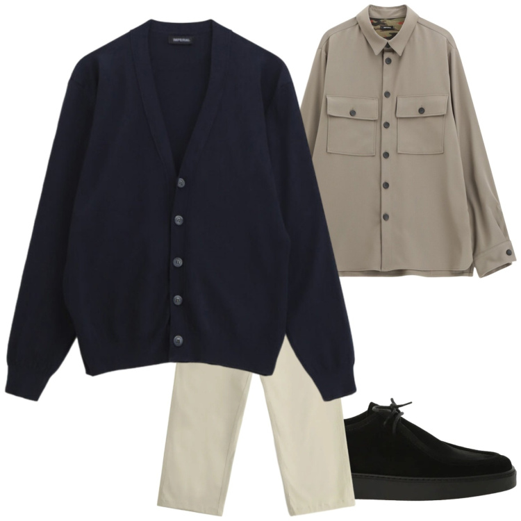 Outfit uomo - Il Cardigan. Stile Casual per Tutti i giorni. Abbinamento con camicie, pantaloni, cardigans, scarpe stringate.