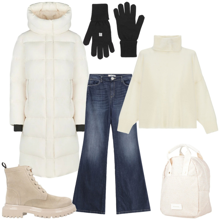 Outfit donna - Total look #2307737. Stile Casual chic per Tutti i giorni. Abbinamento con zaini, anfibi, guanti, jeans a zampa, maglieria, piumini.