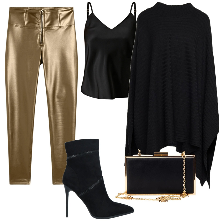 Outfit donna - Pantaloni dorati. Stile Glamour per Serata fuori. Abbinamento con stivaletti, cappotti, top, pochette, pantaloni skinny.