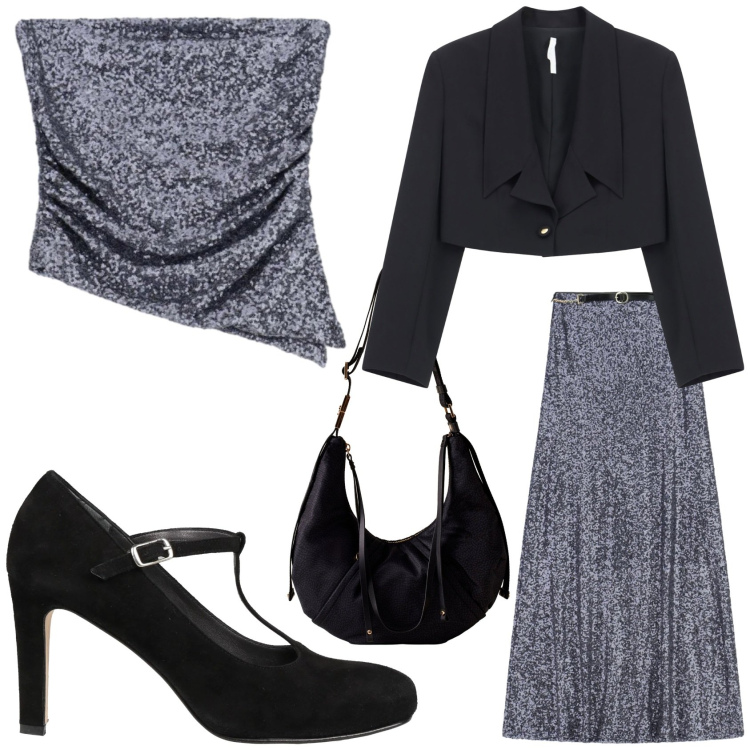 Outfit donna - Cena di Natale in Imperial. Stile Glamour per Serata fuori. Abbinamento con décolleté, blazer, top, gonne lunghe, borse a spalla.