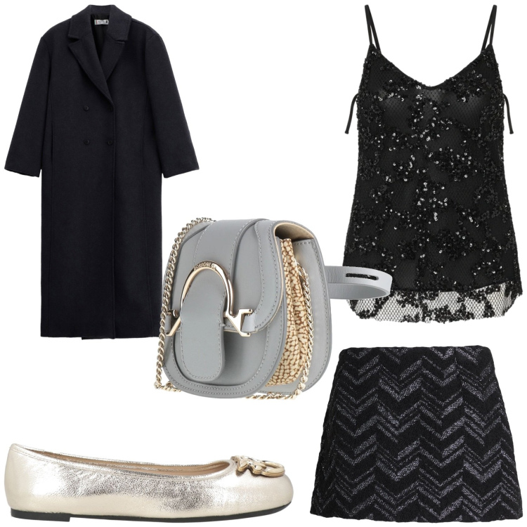 Outfit donna - Capodanno scintillante. Stile Chic per Serata fuori. Abbinamento con marsupi, ballerine, minigonne, cappotti, canottiere.