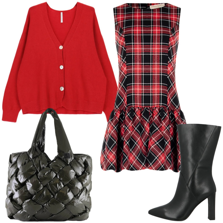 Outfit donna - Il vestito tartan per le feste. Stile Chic per Serata fuori. Abbinamento con stivaletti, cardigans, borse tote, vestiti corti.