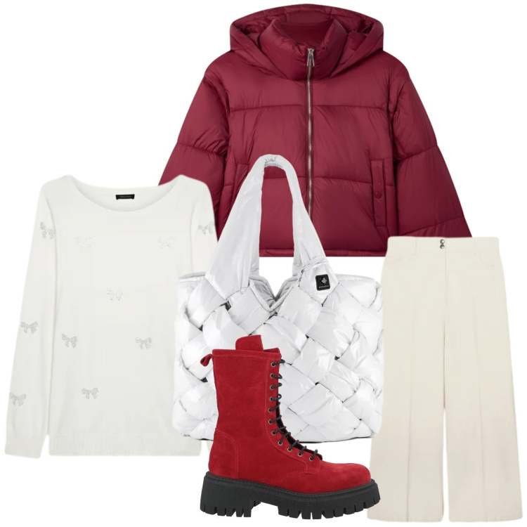 Outfit donna - La maglia luminosa. Stile Casual per Ufficio. Abbinamento con stivaletti, bomber, borse tote, maglieria, pantaloni a palazzo.