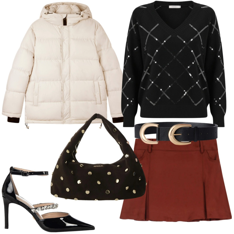 Outfit donna - Look scintillante. Stile Minimal per Serata fuori. Abbinamento con décolleté, maglieria, bomber, cinture, minigonne, borse a spalla.