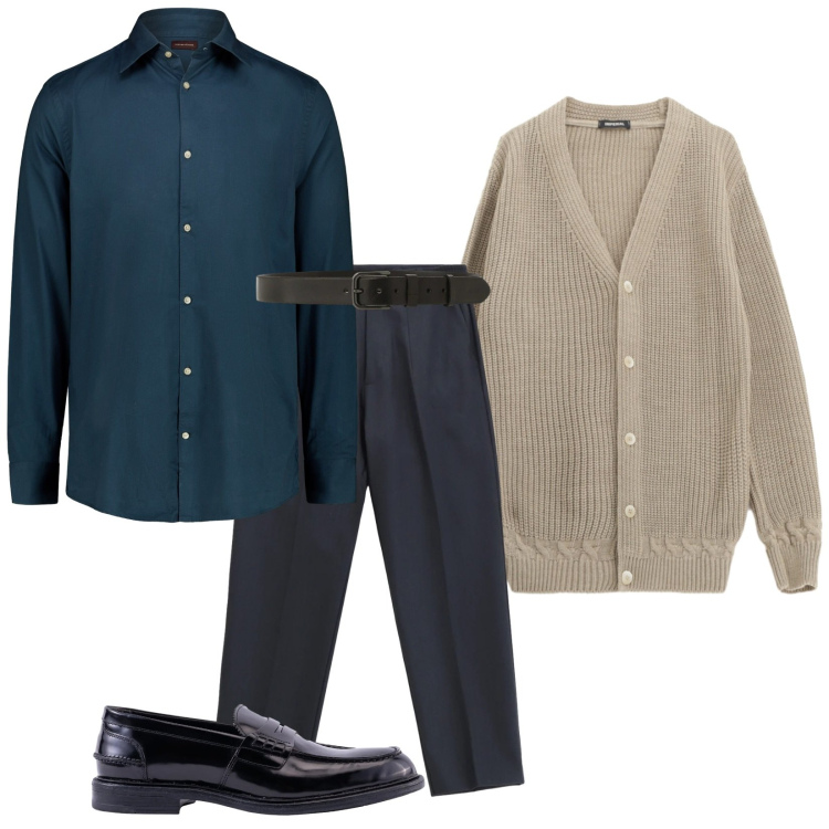 Outfit uomo - Tombolata in casa. Stile Casual per Serata speciale. Abbinamento con pantaloni, cardigans, cinture, camicie, scarpe stringate.
