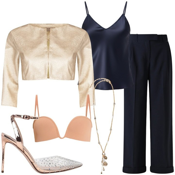 Outfit donna - Toni dorati. Stile Glamour per Serata fuori. Abbinamento con décolleté, bolero, pantaloni, canottiere, reggiseni, ciondoli.