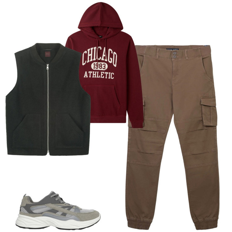 Outfit uomo - Dicembre. Stile Casual per Tutti i giorni. Abbinamento con sneakers, pantaloni cargo, felpe con cappuccio, piumini.