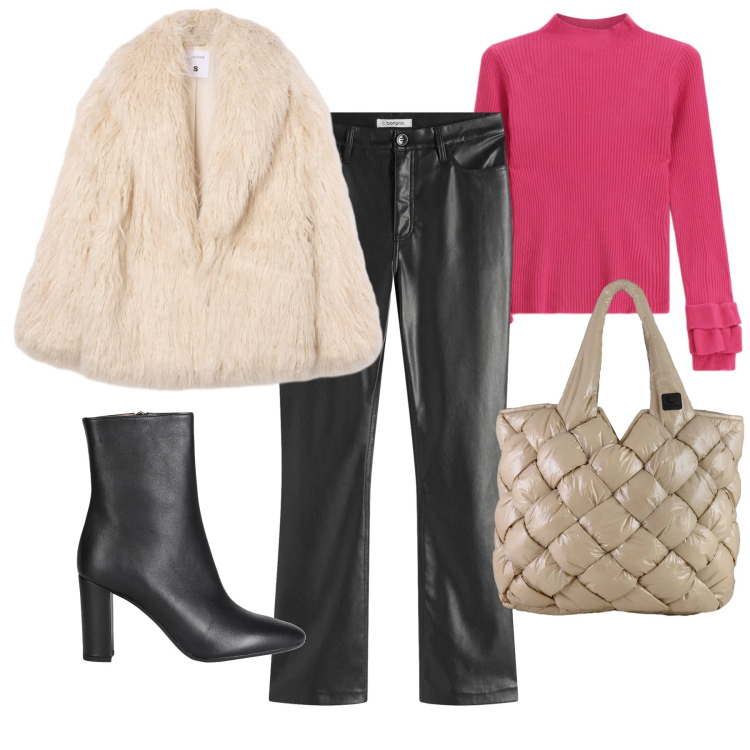 Outfit donna - Inverno in città. Abbinamento con pantaloni, stivaletti, ecopellicce, maglieria, borse tote.