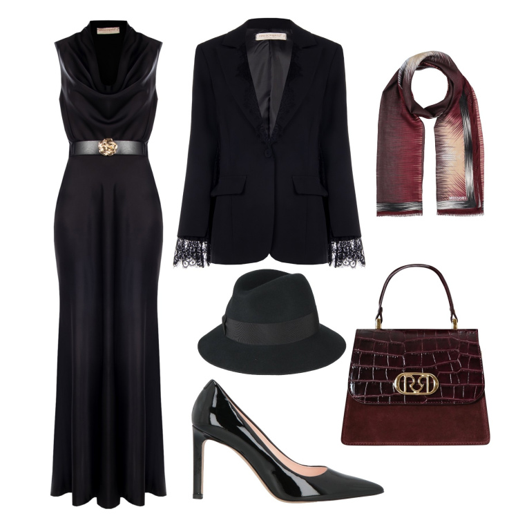 Outfit donna - Cenone di fine anno. Stile Chic per Serata fuori. Abbinamento con cappelli, décolleté, sciarpe, blazer, borse a mano, vestiti lunghi.