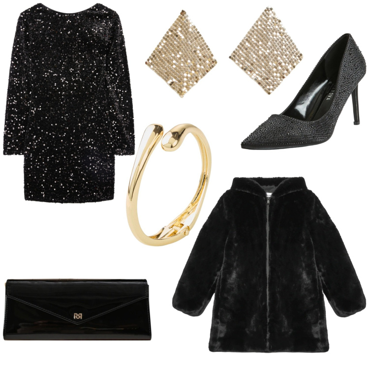 Outfit donna - Chic e raffinata in mini dress. Stile Chic per Serata fuori. Abbinamento con braccialetti, pochette, cappotti, vestiti corti, décolleté, orecchini.