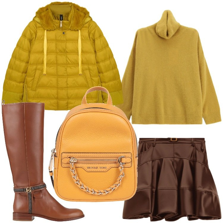 Outfit donna - Senape e caffe´. Stile Casual chic per Tutti i giorni. Abbinamento con stivali, zaini, maglieria, minigonne, piumini.