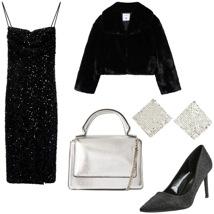 Outfit donna - Silver style. Stile Chic per Serata fuori. Abbinamento con décolleté, borse a tracolla, ecopellicce, vestiti lunghi, orecchini.