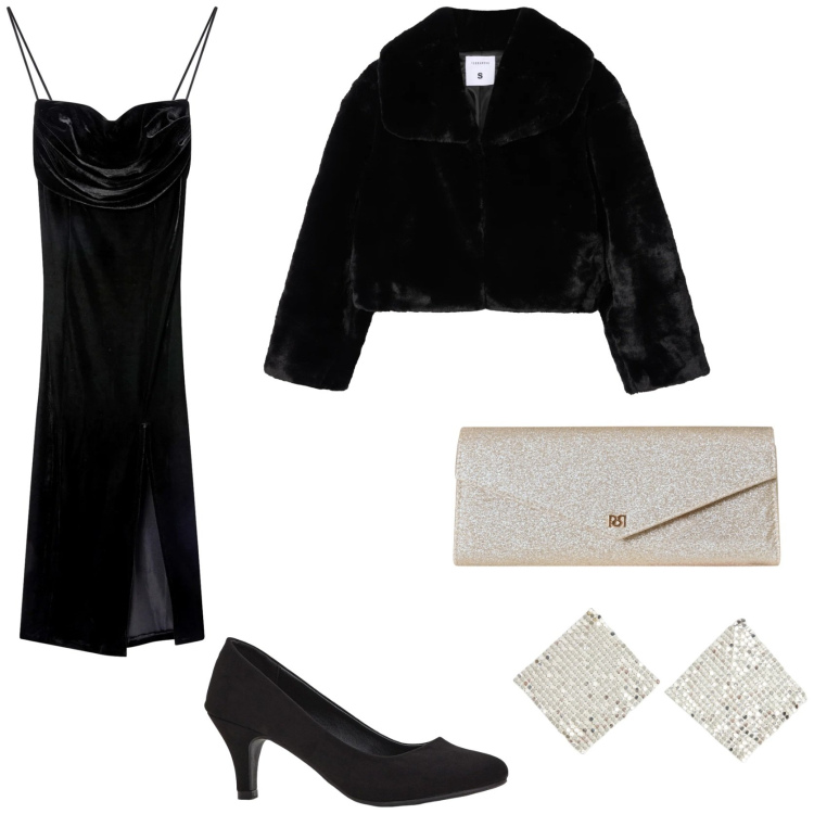 Outfit donna - L\' eleganza del black velvet. Stile Glamour per Serata fuori. Abbinamento con décolleté, pochette, orecchini, vestiti lunghi, ecopellicce.