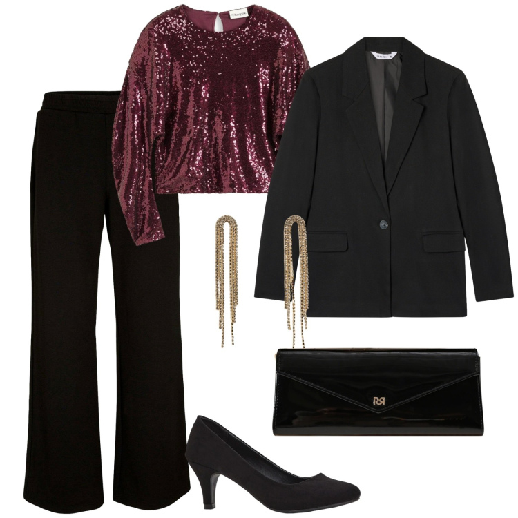 Outfit donna - Eleganza al cenone. per Serata fuori. Abbinamento con pantaloni a palazzo, bluse, décolleté, pochette, orecchini, blazer.