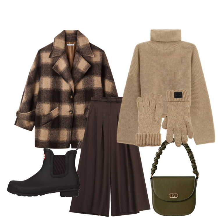 Outfit donna - A mio agio!. Stile Casual chic per Tutti i giorni. Abbinamento con stivaletti, borse a mano, caban, pantaloni a palazzo, maglieria, guanti.