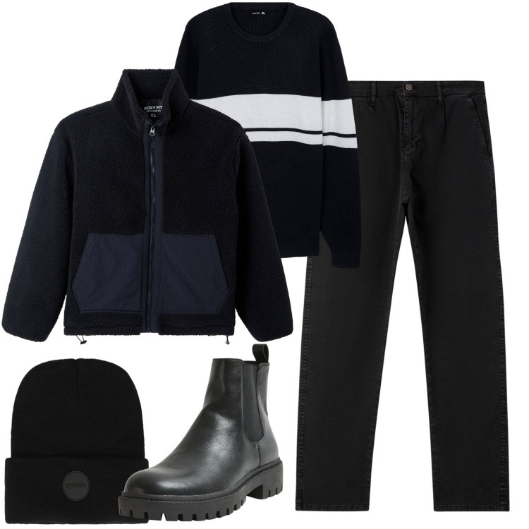 Outfit uomo - Dicembre. Stile Urban per Tutti i giorni. Abbinamento con maglieria, cappotti, stivali e stivaletti, pantaloni chino, berretti.