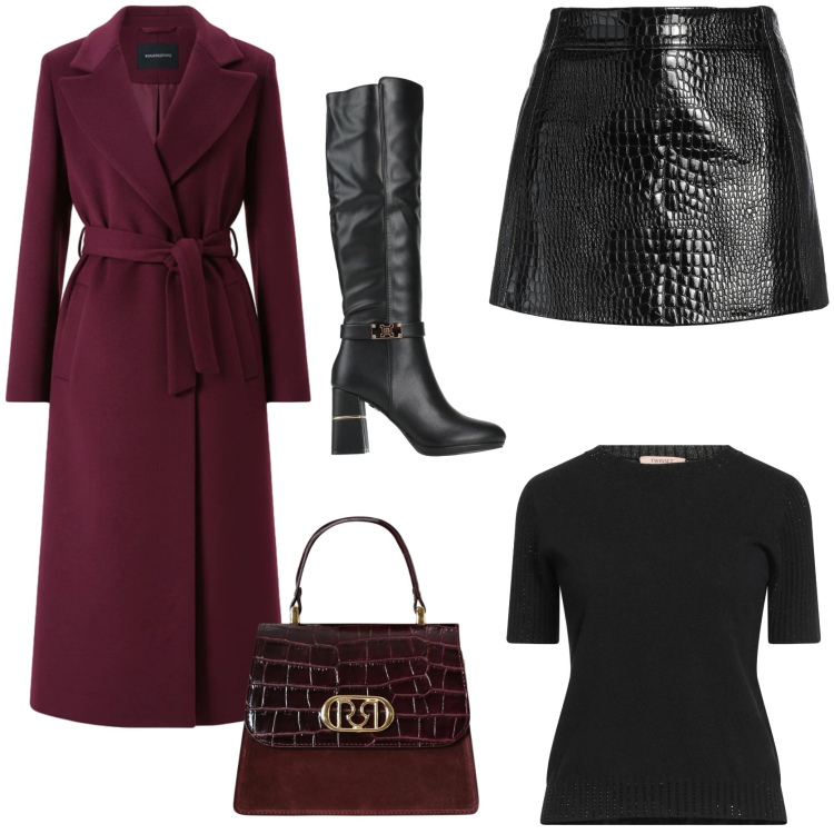 Outfit donna - Elegante in bordeaux. Stile Glamour per Serata fuori. Abbinamento con stivali, minigonne, pullovers, borse a mano, cappotti.