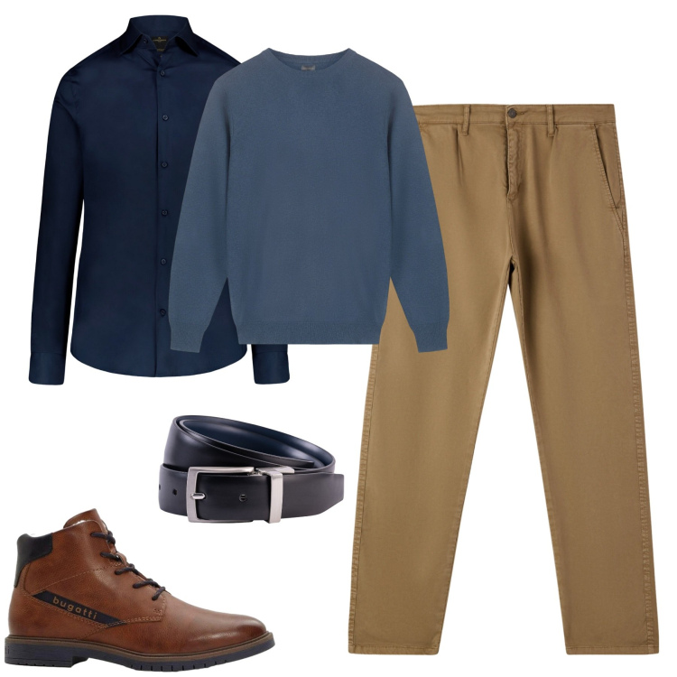 Outfit uomo - In città. Stile Urban per Tutti i giorni. Abbinamento con anfibi, pantaloni chino, camicie, maglieria, cinture.