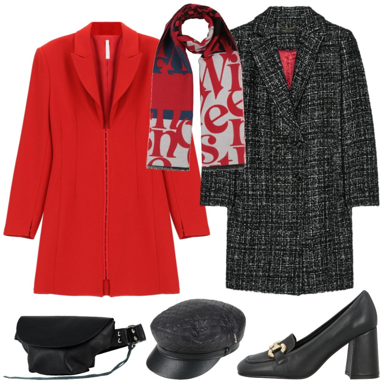 Outfit donna - Party rouge. Stile Glamour per Serata fuori. Abbinamento con cappelli con visiera, sciarpe, mocassini, marsupi, vestiti corti, cappotti.