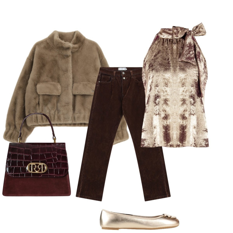 Outfit donna - Il dorato illumina. Stile Glamour per Serata fuori. Abbinamento con ballerine, pantaloni, blazer, borse a mano, top.